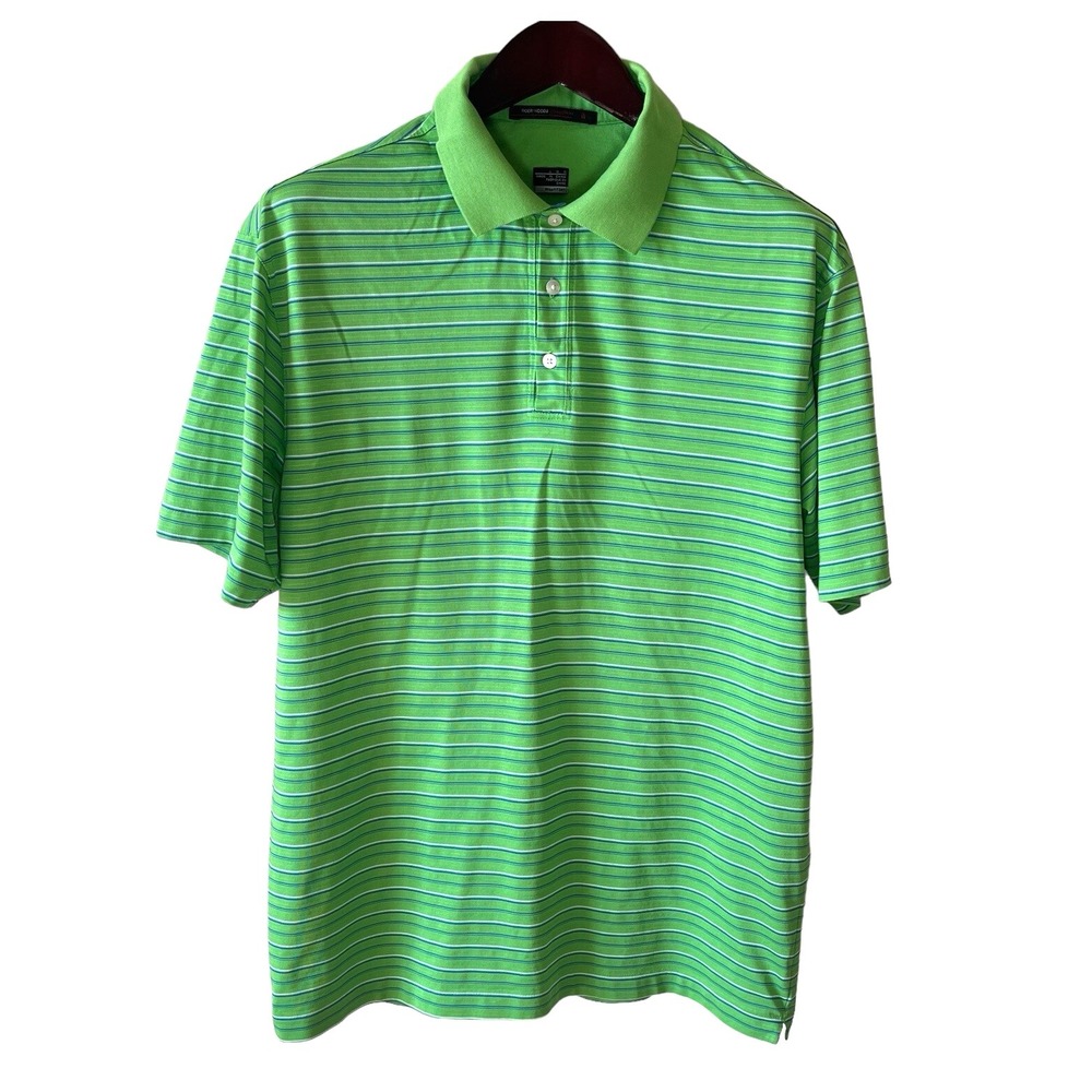 Nike Tiger Woods Golf Polo Mens L Neon Green Striped Dri-Fit Short Sleeve Shirt